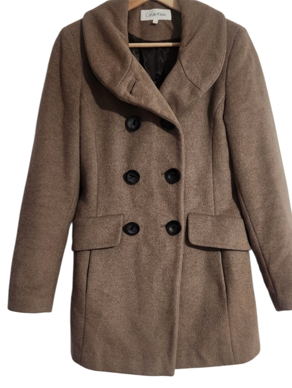 Calvin Klein Double-Breasted Taupe Wool Pea Coat